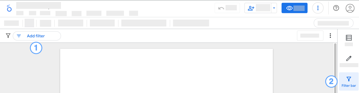 Benutzeroberfläche des Looker Studio-Editors mit den Schaltflächen „Schnellfilter hinzufügen“ und „Filterleiste“