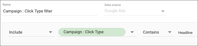 篩選器會使用「Campaign : Click Type」串連欄位，顯示包含字串「Headline」的串連值。
