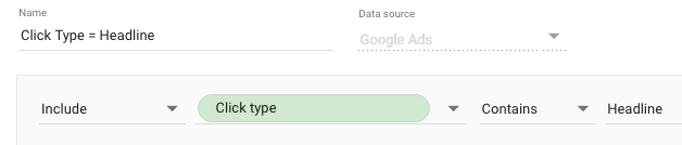 Ein Filter verwendet das Feld „Klicktyp“, um Werte anzuzeigen, die den String „Anzeigentitel“ enthalten.