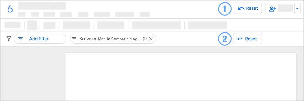 Interfaccia dell&#39;editor di Looker Studio con il pulsante di ripristino a livello di report e il pulsante di reimpostazione della barra dei filtri evidenziati.