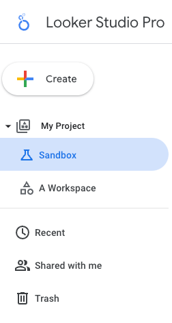 Looker Studio 左側導覽面板顯示名為「我的專案」的 Pro 專案，並醒目顯示 Sandbox。無法使用「我擁有的項目」。