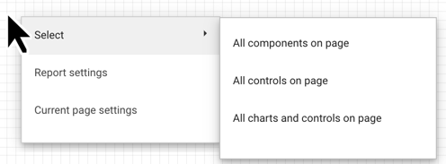 Le menu &quot;Sélectionner&quot; du canevas inclut les options &quot;Tous les composants de la page&quot;, &quot;Toutes les commandes de la page&quot; et &quot;Tous les graphiques et commandes de la page&quot;.