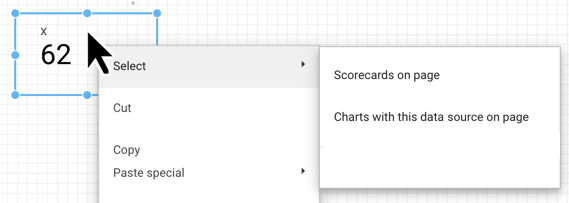 El menú Seleccionar gráfico de un gráfico de resultados incluye las opciones Gráficos de resultados de la página y Gráficos con esta fuente de datos de la página.