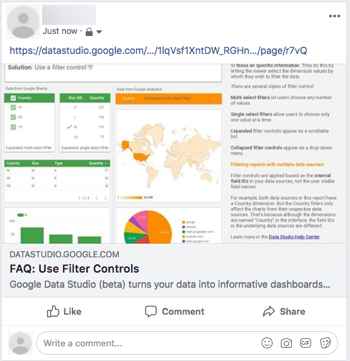 Un post Facebook affiche un lien vers un rapport Looker Studio intitulé FAQ: Utiliser les commandes de filtre avec une image miniature des graphiques et du texte du rapport.