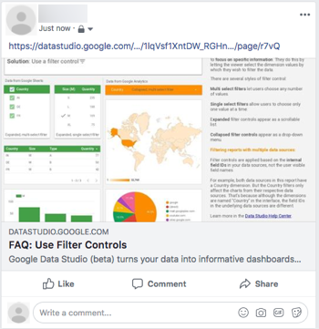 一则 Facebook 帖子显示了指向 Looker Studio 报告的链接，该报告名为“常见问题解答：使用过滤条件控件”，其中包含图表的缩略图和报告中的文字。