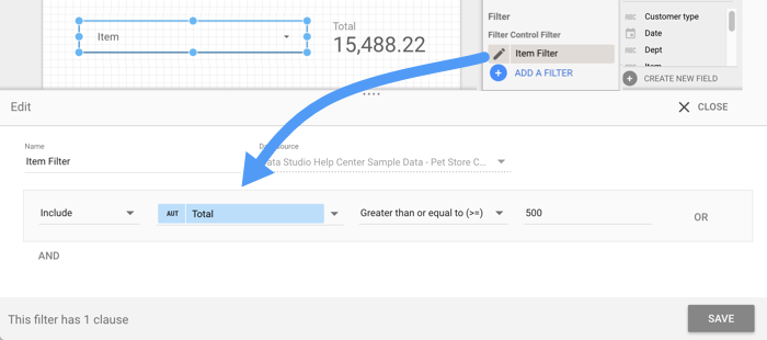 選取名為「Item Filter」的計算欄位，邏輯為「大於或等於 500」，做為「Filter Control Filter」。