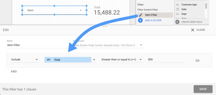 A calculated field called  Item Filter with the logic Greater than or equal to 500 is selected as the Filter Control Filter.