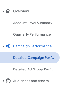 Le menu de navigation des rapports affiche trois sections : &quot;Vue d&#39;ensemble&quot;, &quot;Performances des campagnes&quot;, et &quot;Audiences et composants&quot;.