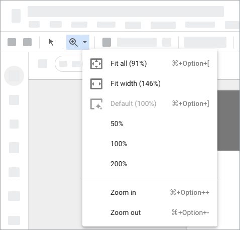 El editor de informes, con el control de zoom (lupa) seleccionado. El control de zoom se encuentra en la barra de herramientas. La flecha desplegable junto al control muestra las opciones de zoom y las teclas de acceso rápido.