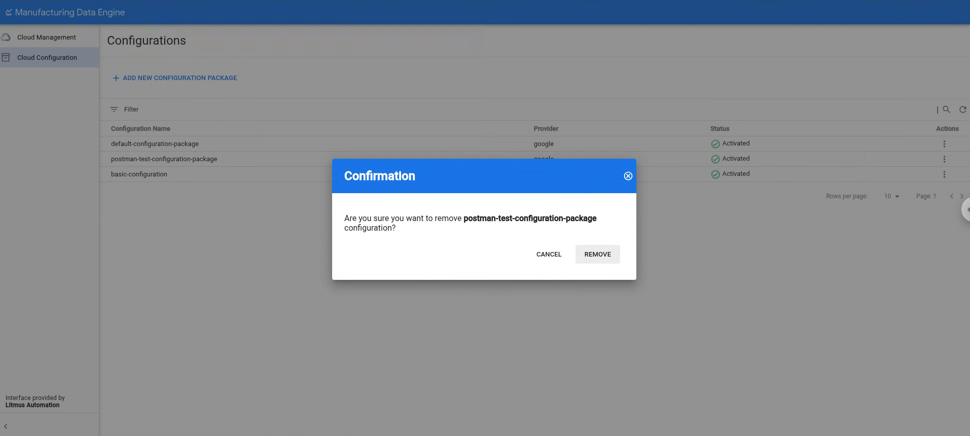 Confirmation of deleting configuration package