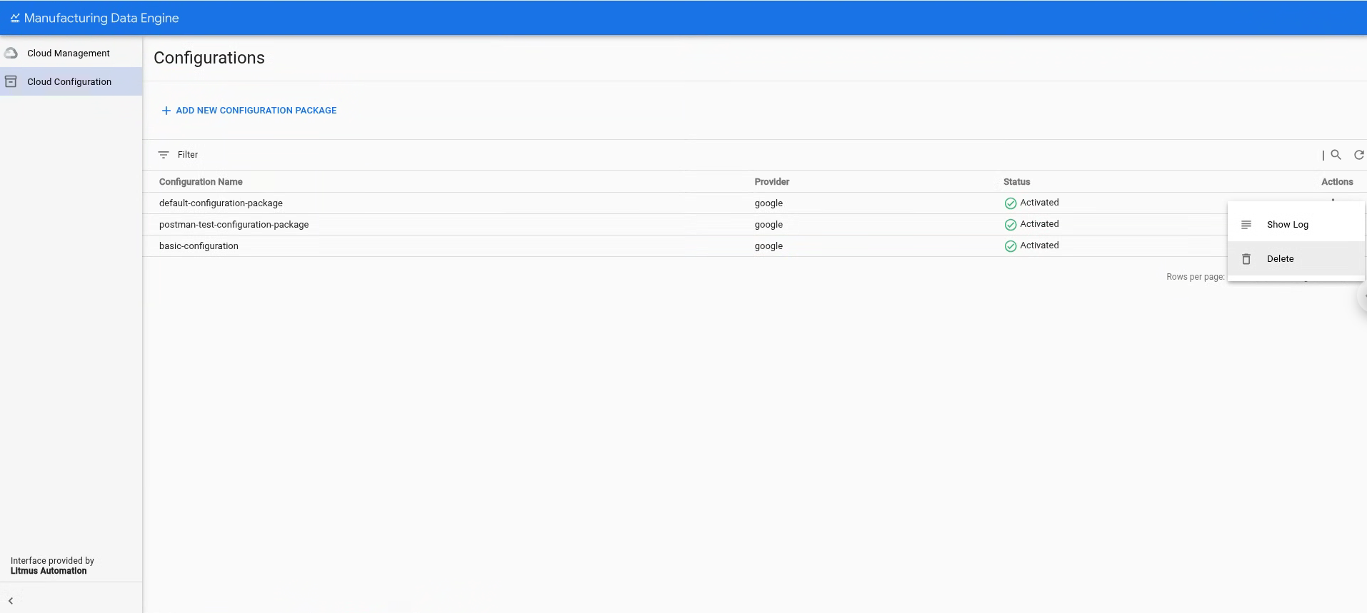 Delete configuration package