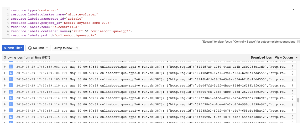 Cloud Logging でのコンテナログ