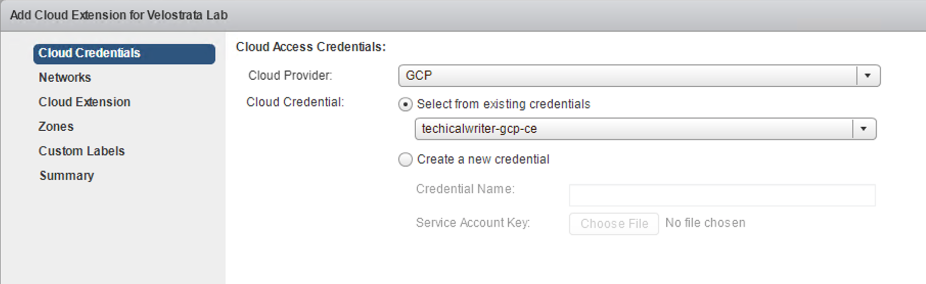 The Cloud Credentials page, showing options to select or create a new credential