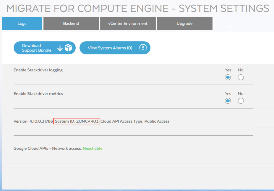 Migrate for Compute Engine Manager で表示される System ID