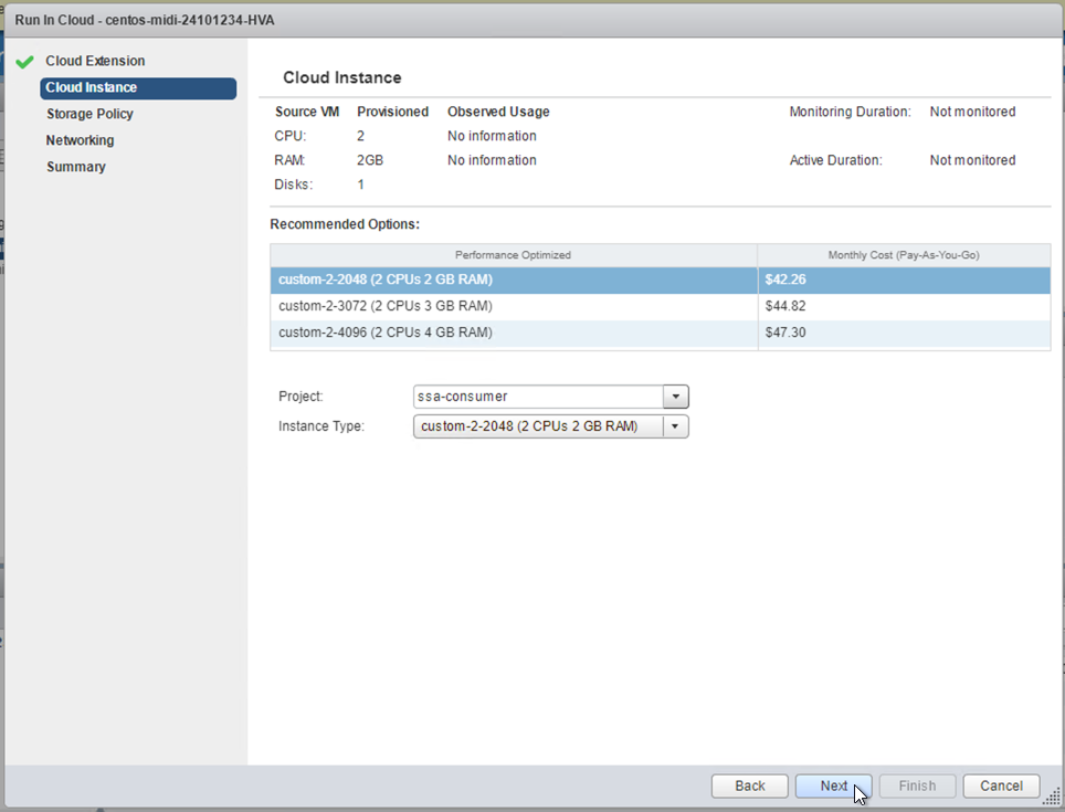 Cloud Instance screen, showing available instance sizes and recommendations for them