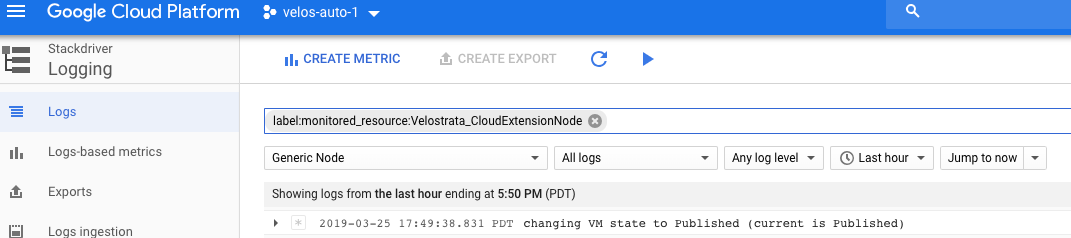 Wählen Sie Logs aus Cloud-Erweiterungen nur in Logging mit "label:monitored_resource:Velostrata_CloudExtensionNode" aus.