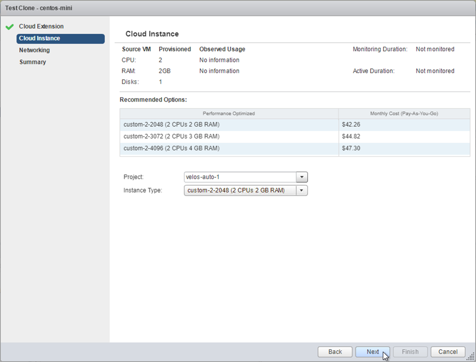 Cloud Instance screen, showing available instance sizes and recommendations