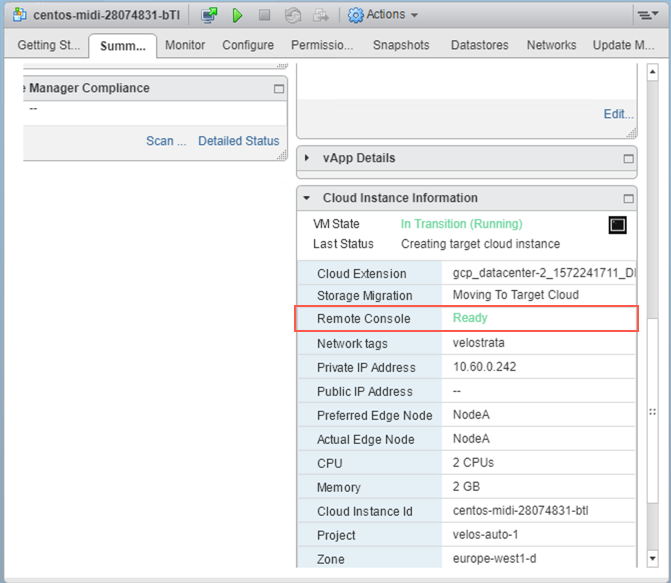 vCenter Cloud instance Summary tab, showing remote console as ready.