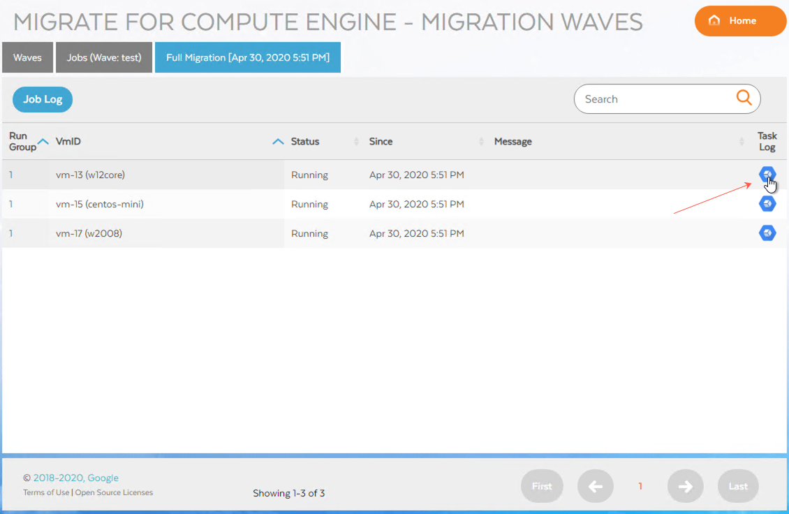 The jobs page showing the task log button