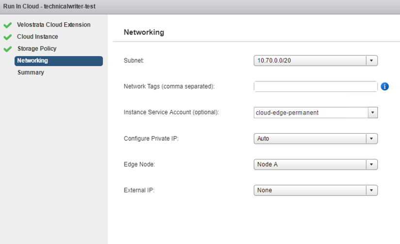 Layar Jaringan, yang menampilkan opsi konfigurasi untuk jaringan instance cloud Anda