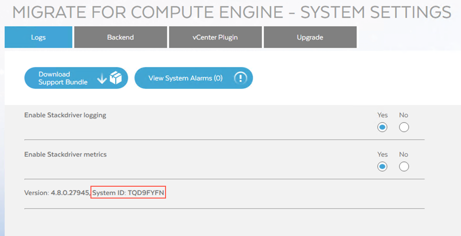 A ID do sistema como visível no Migrate for Compute Engine Manager