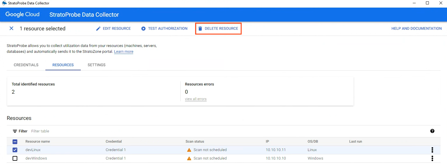 Menghapus resource yang dipindai dengan StratoProbe