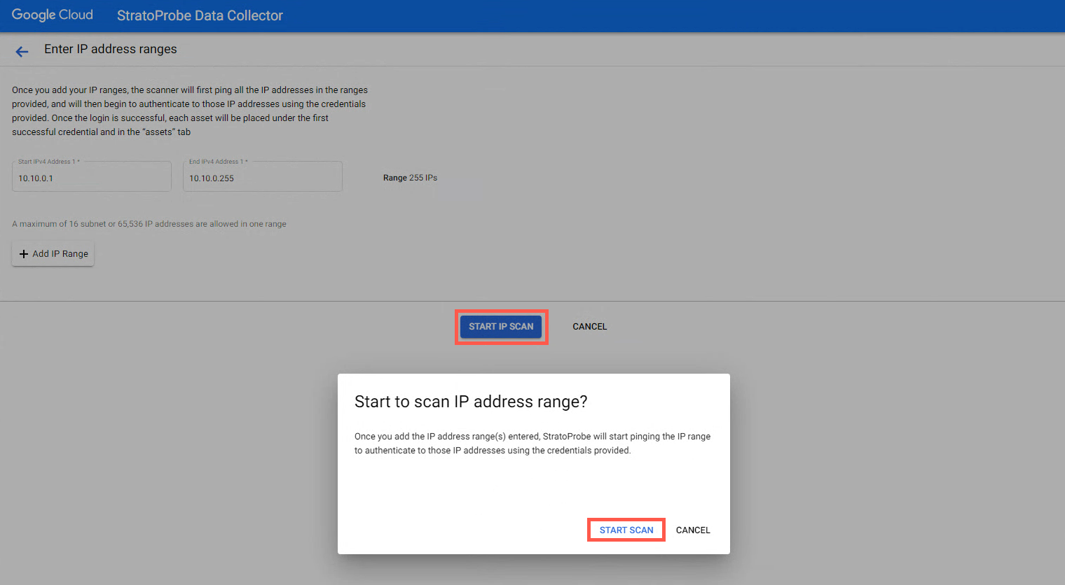 Start IP range scan with StratoProbe
