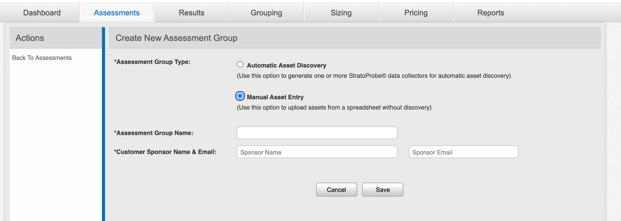 Manual asset entry in the StratoZone portal