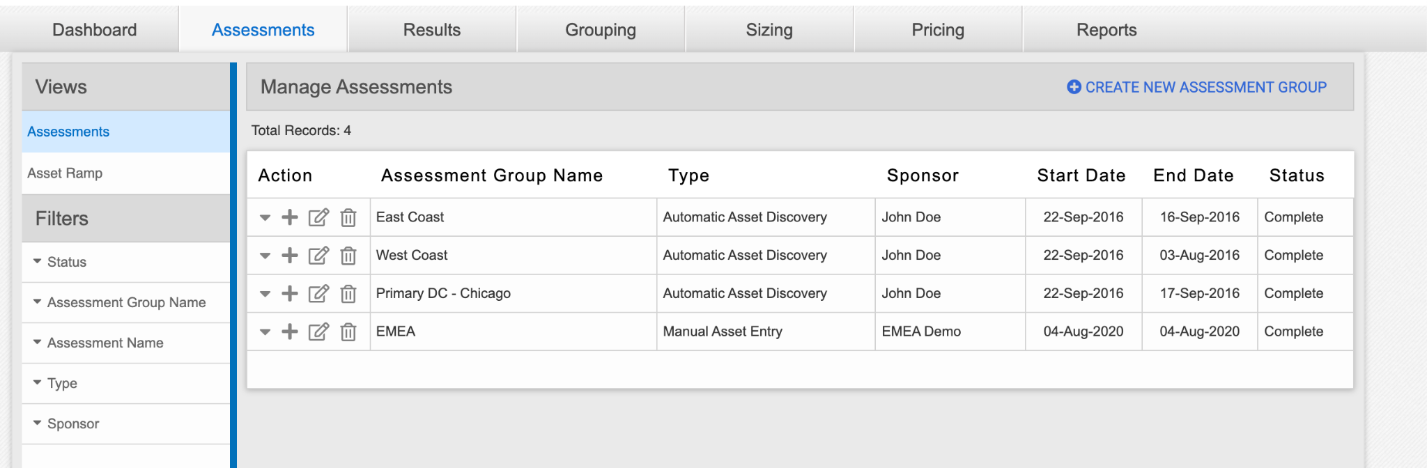 Assessments page in the StratoZone portal