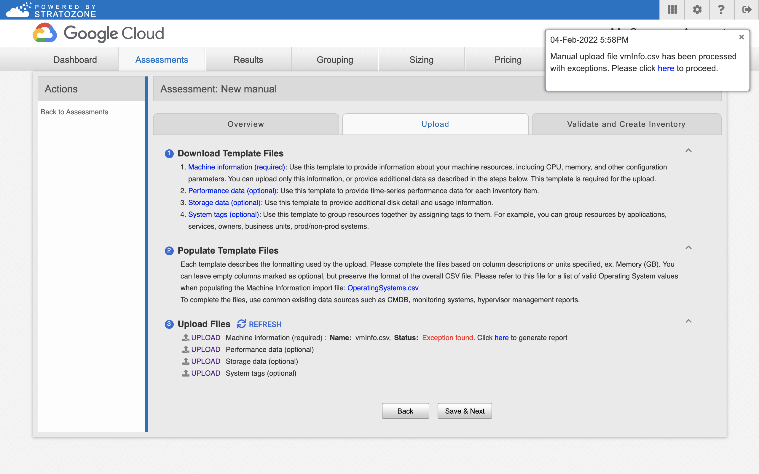 Error message and notification when uploading a file to StratoZone