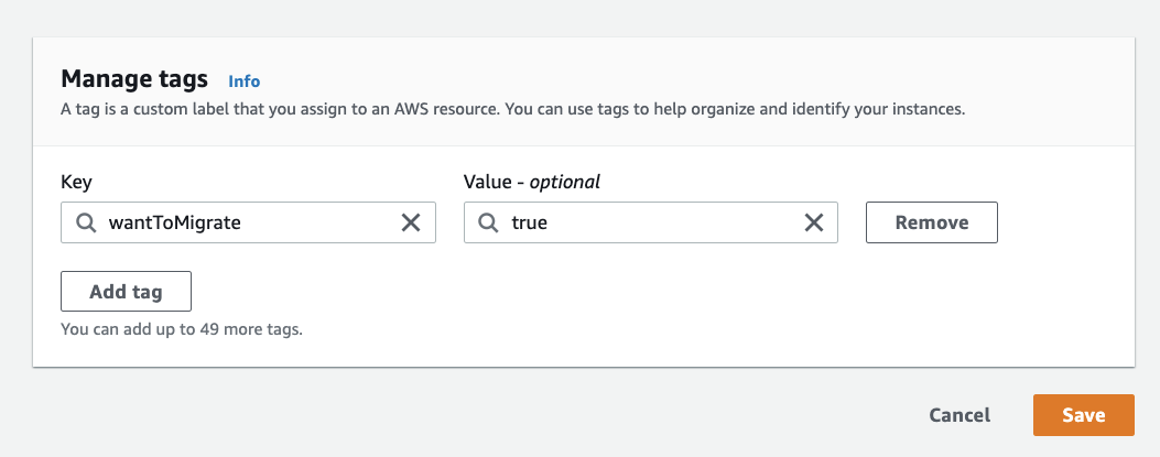 Exemplo de etiquetas de instância do EC2 do M2VM