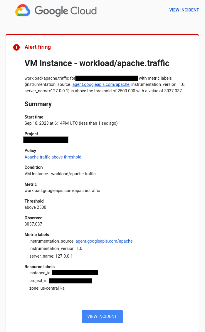 Notificación por correo electrónico para la política de alertas de tráfico de Apache.