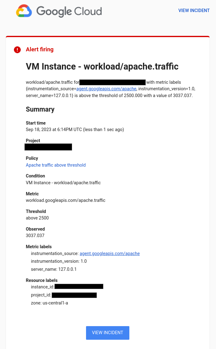 Notificación por correo electrónico sobre la política de alertas de tráfico de Apache.