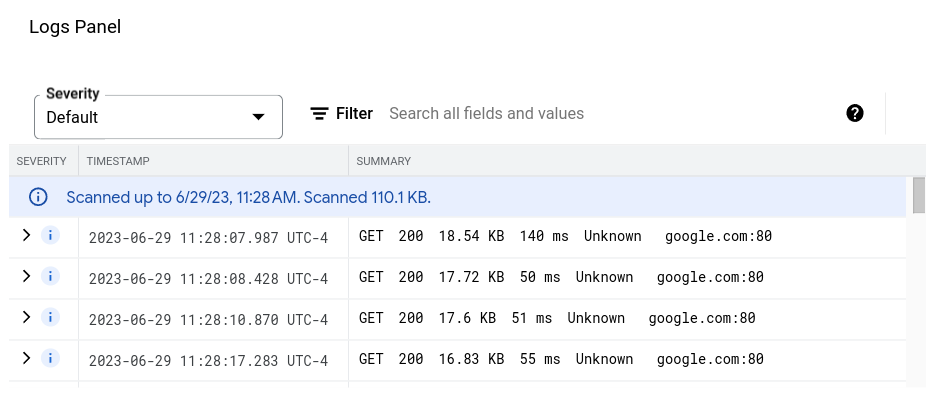 Example dashboard with a logs panel widget.