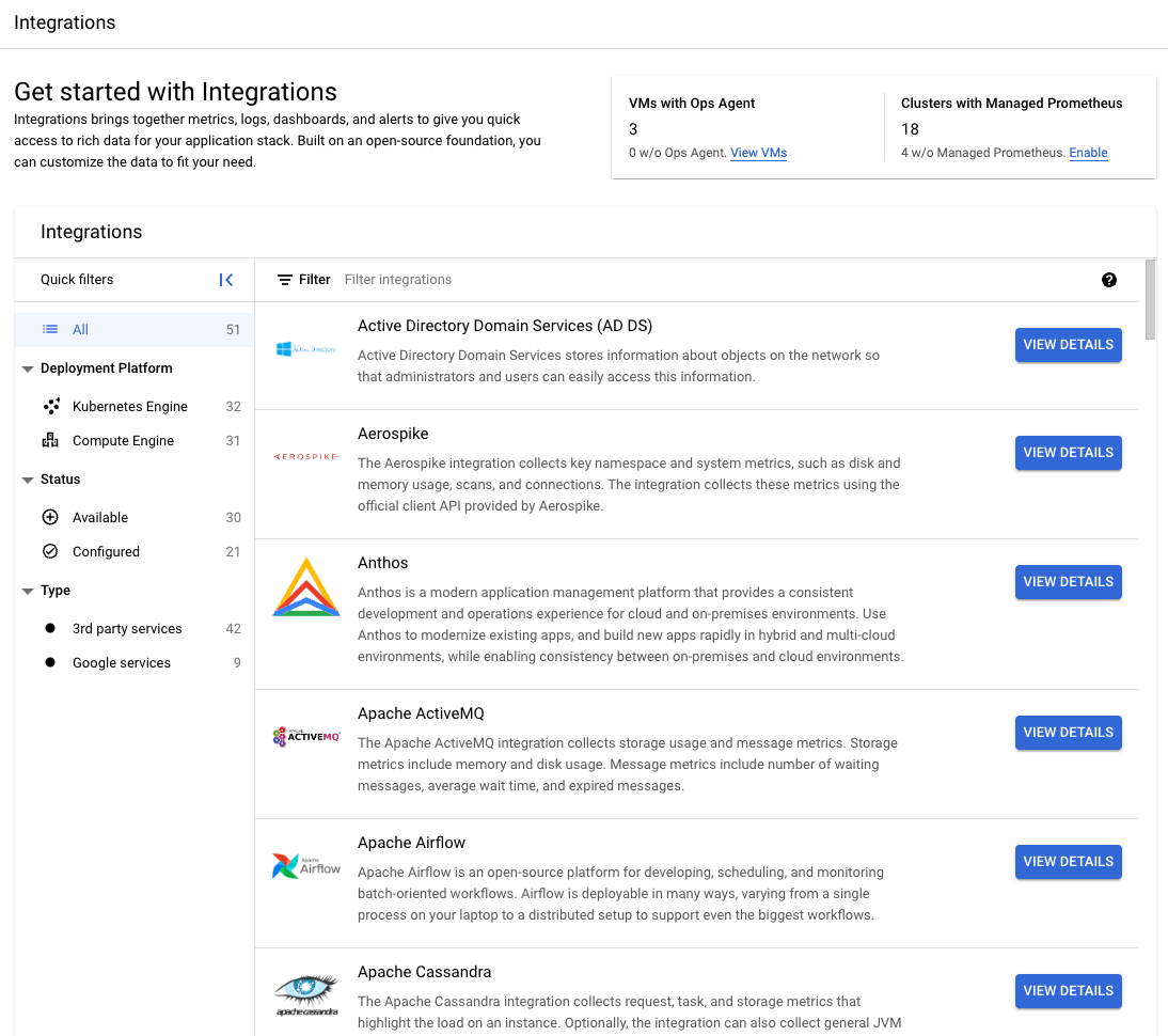 En la página **Integraciones** de Monitoring, se muestra qué
de Google Cloud están disponibles para los usuarios.