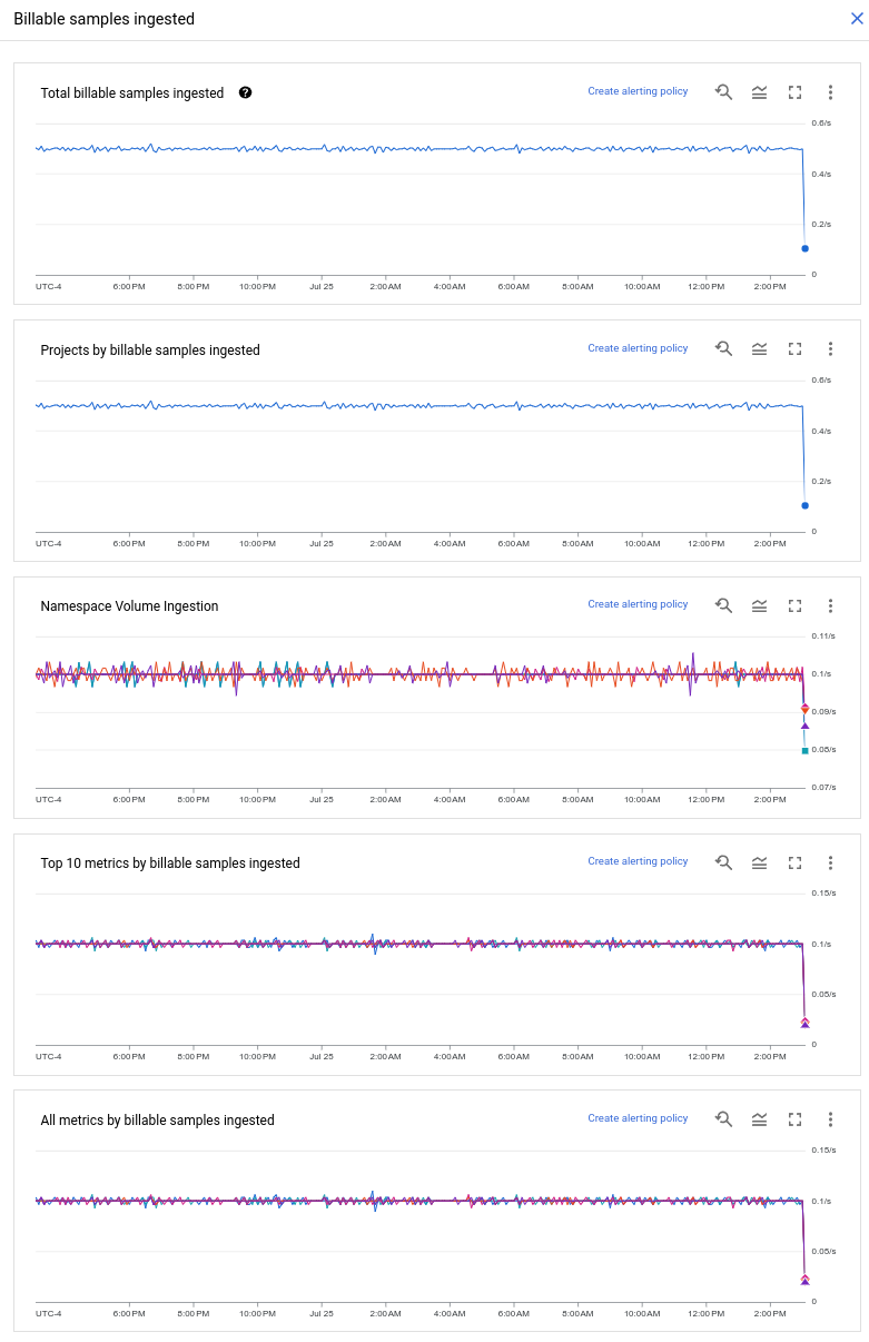 Esempio di grafici che riepilogano l&#39;importazione delle metriche.