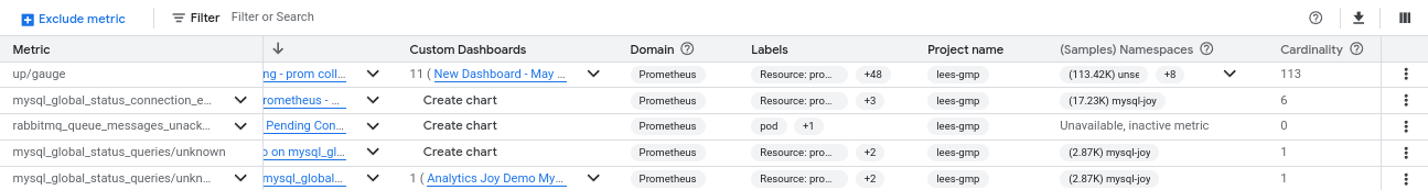 The metrics table reports the metric domain, labels, project ID, and cardinality for metrics in your metrics scope.