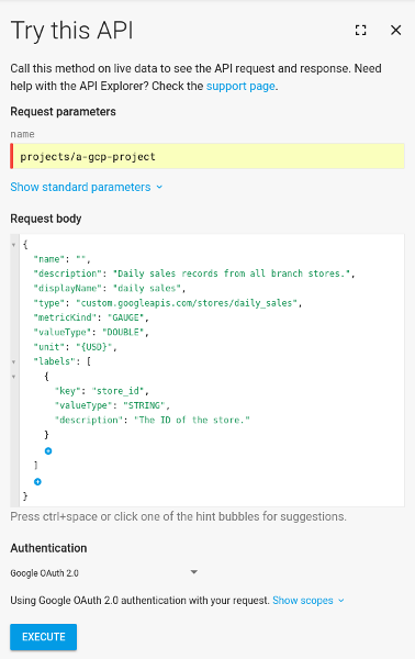 Dialog Try this API diisi dengan isi permintaan untuk membuat deskripsi metrik.