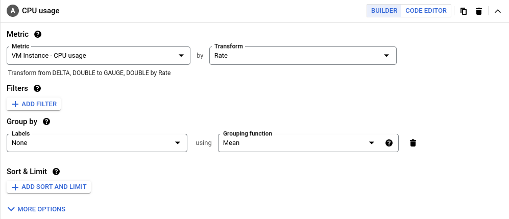 Selecting a metric and resource type in the metrics selector.