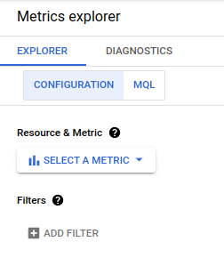 O seletor MQL aparece logo acima da caixa "Tipo de recurso e métrica".