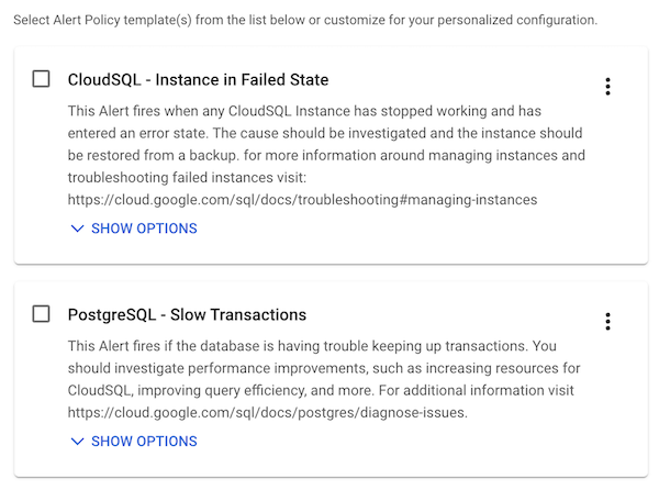 Duas das políticas de alertas recomendadas para o pacote de integração do Cloud SQL.