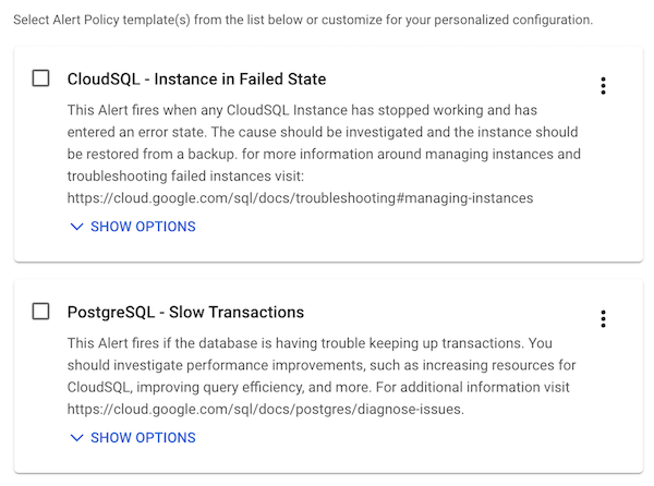 Dua kebijakan pemberitahuan yang direkomendasikan untuk paket integrasi Cloud SQL.