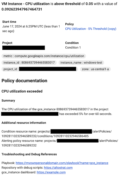 通知でのドキュメントの表示例 リンクは [Troubleshooting and Debug References] ヘッダーの下に表示されます。