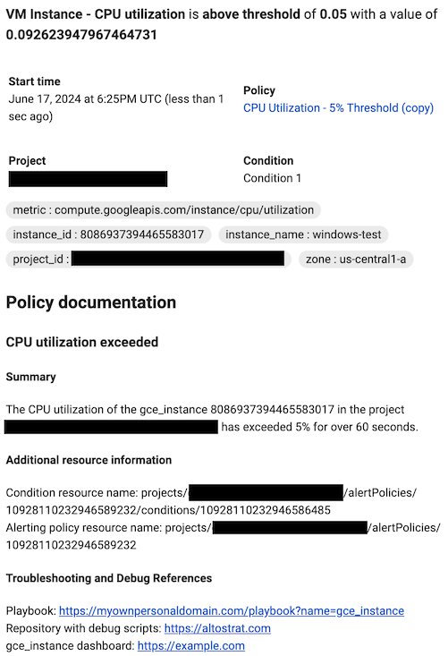 Ejemplo de cómo se renderiza la documentación en una notificación. Los vínculos se muestran debajo del encabezado “Solución de problemas y referencias de depuración”.