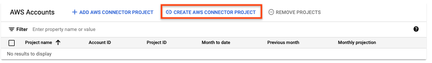 Botão &quot;Criar projeto do conector da AWS&quot;.