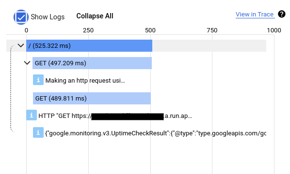 Cloud Run Functions のトレースの詳細を表示する Cloud Trace。