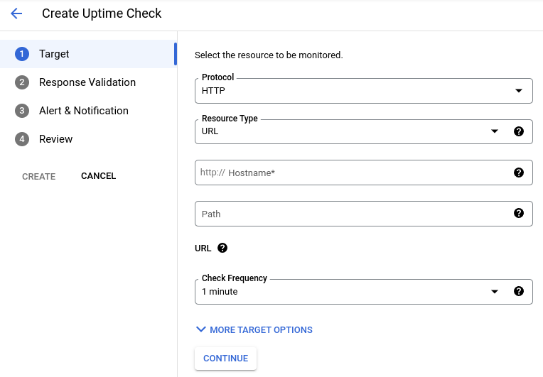 Create an uptime check dialog.