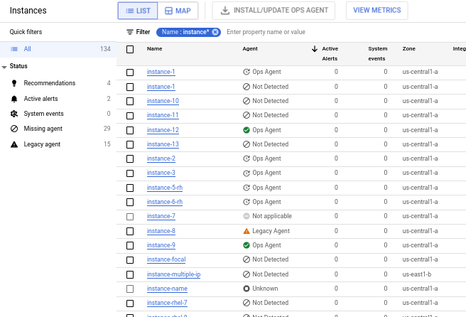 Im Dashboard „VM-Instanzen“ in Monitoring wird der Status von Agents angezeigt.