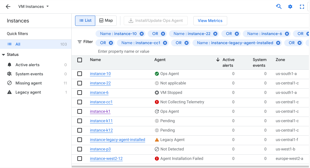 Monitoring 中的「VM Instances」(VM 執行個體) 資訊主頁會顯示代理程式的狀態。