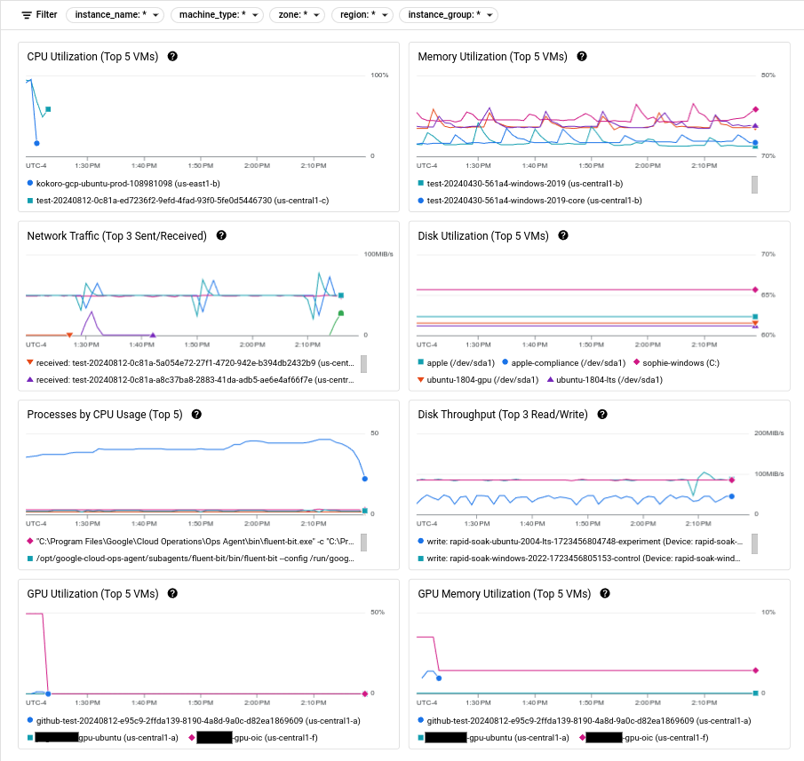 The **Observability** page in Compute Engine shows
the top five VMs consuming a given resource.